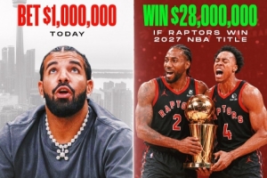 💸Drake下注100万押猛龙新赛季夺冠 若中可获得28倍收益！